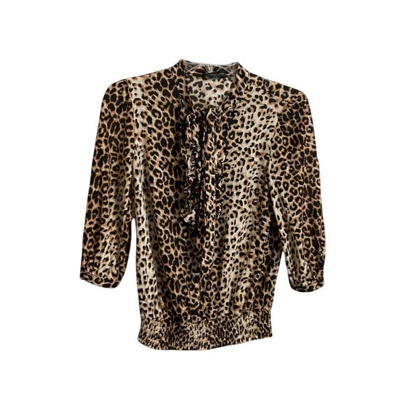 Twenty One Leopard Print Top Ruffle Size S Accent Tie Neck Elastic Waist Spring - Picture 1 of 15